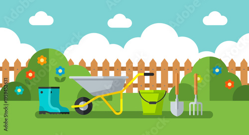 Flat Vector Illustration of Gardening Tools and Equipment in a Backyard with Wheelbarrow, Shovel, and Rubber Boots