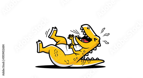 Cartoon illustration of a yellow dinosaur falling on its back with a shocked expression on a plain white background.