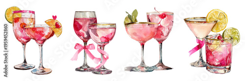 Illustrated pink and red cocktails in stylish glassware, complete with vibrant citrus garnishes and festive accents, conveying concepts of celebration, refreshment, and social gatherings