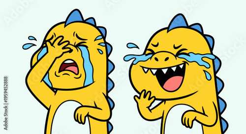 Two cartoon dinosaurs exhibiting contrasting emotions, one crying in distress and the other laughing with tears of joy, against a light blue background with a flat, 2D graphic style.