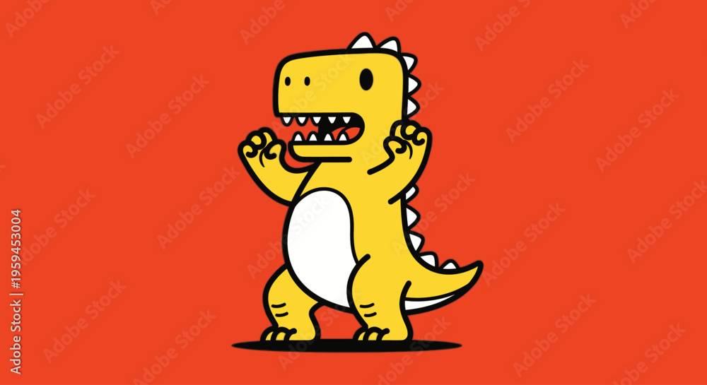 Fototapeta premium Cartoon dinosaur standing with raised arms against a solid red background with white belly and spiky back.