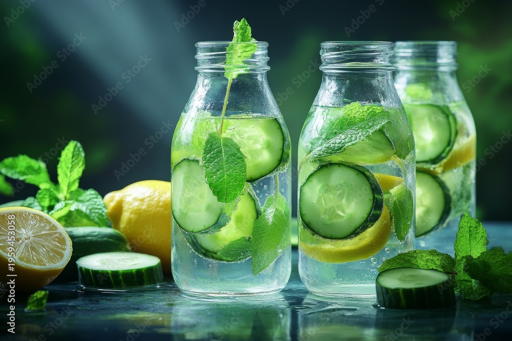 Fototapeta premium selective focus detox water with cucumber, lemon, and mint in glass bottle