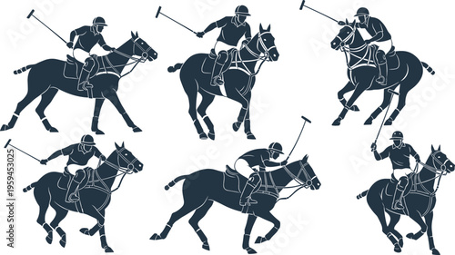 Polo player silhouettes on horseback in action poses, black vector illustration set of equestrian sport athletes isolated on white background