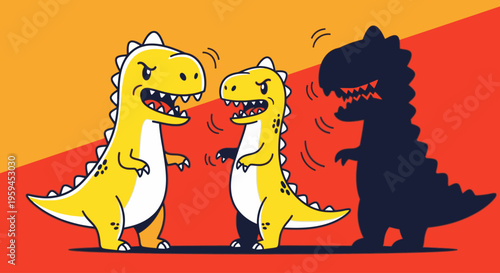 Cartoon illustration of two yellow dinosaurs looking scared at a large black dinosaur on orange and red background.
