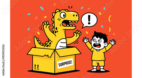 Cartoon illustration of a surprised child standing next to a dinosaur popping out of a yellow gift box with confetti on an orange background.