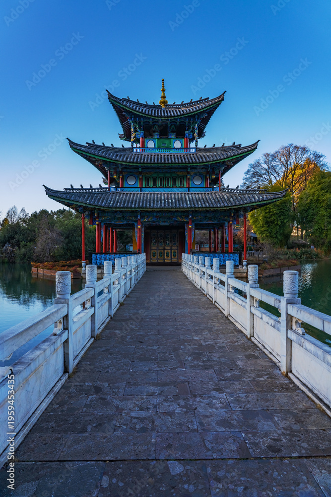 Fototapeta premium The ancient architecture and natural beauty of Heilongtan Park in Lijiang City, Yunnan Province, China on January 12, 2026