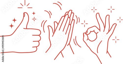 A minimalist line art illustration featuring three hand gestures signifying approval and praise Vector