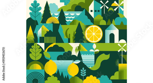 Abstract Geometric Eco-Friendly Landscape Illustration with Lemons, Wind Turbines, and Sustainable Living Elements in Green and Yellow Flat Design