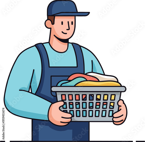 Laundry worker holding basket of clean clothes, vector illustration of housekeeping service and daily chores in simple flat cartoon style