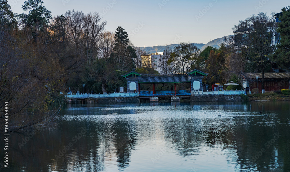 Obraz premium The ancient architecture and natural beauty of Heilongtan Park in Lijiang City, Yunnan Province, China on January 12, 2026