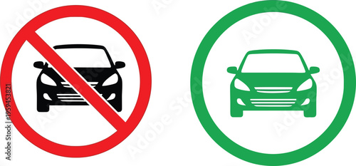 A comparison of a red no cars traffic sign and a green allowed cars traffic sign on white background Vector