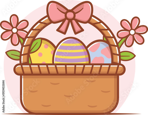 easter eggs and flowers in the picnic basket cartoon vector illustration