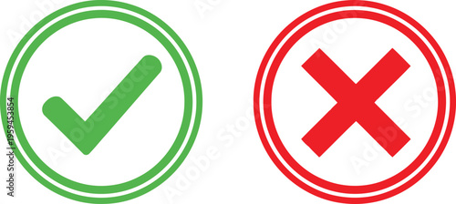 A green check mark and a red cross symbol representing success and failure icons for web design Vector