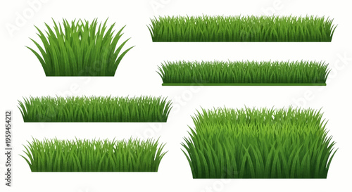 Green Grass Border and Turf Collection, Realistic Lawn Elements for Landscape Design, Isolated on White Background