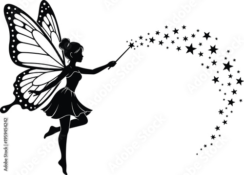 Black silhouette of a magical fairy with butterfly wings holding a magic wand and waving a trail of sparkling stars