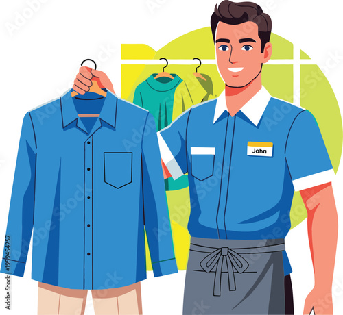 Clothing store employee holding shirt on hanger, retail service concept with salesperson presenting apparel in modern shop interior vector illustration