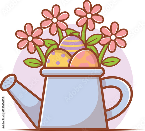 easter eggs and flowers in the watering can cartoon vector illustration