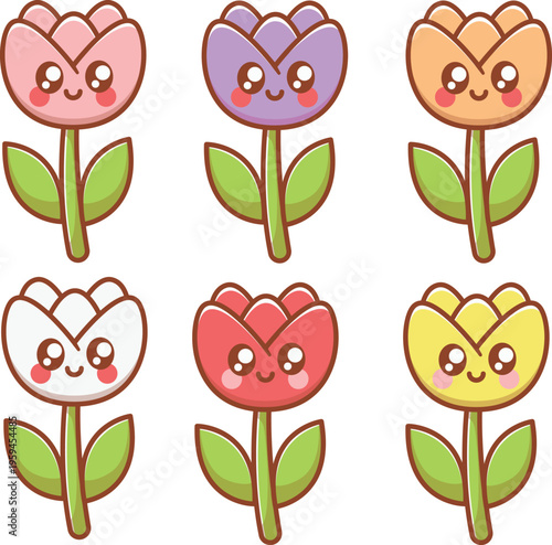 kawaii tulip flowers cartoon vector illustration