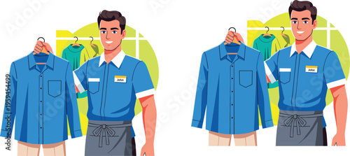 Retail employee presenting shirt on hanger in clothing store, vector illustration set of salesperson showing apparel in modern fashion shop environment