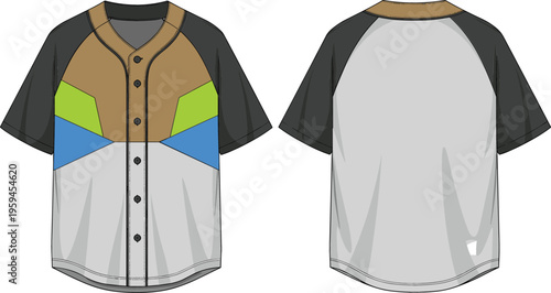 Short sleeve baseball jersey front and back view with color block design, vector illustration of sports shirt template isolated on white background