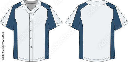 Baseball jersey template front and back view with panel design, vector illustration of sports uniform shirt isolated on white background