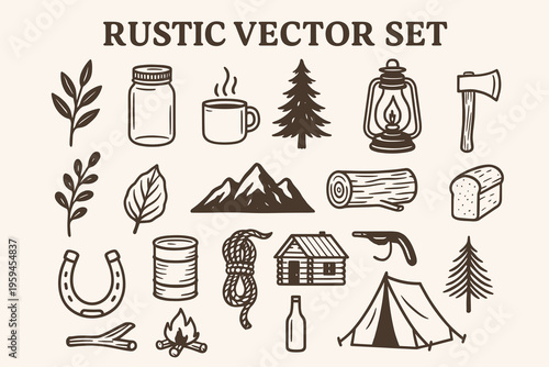 Set of rustic campingthemed vector logos for versatile vintage designs, perfect for outdoor adventure brands and natureinspired businesses.