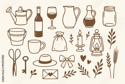 Set with sketched tools, containers, decorations for customizing logos, branding, packaging designs, stationery, and craft projects.