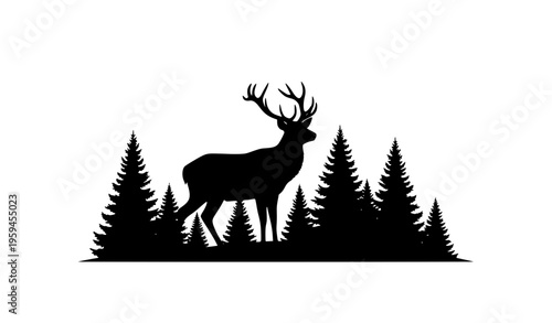 Flat vector silhouette of a majestic stag with antlers and surrounding pine trees on white background