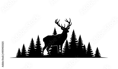Flat vector silhouette of a majestic stag with antlers and surrounding pine trees on white background