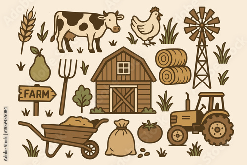 Farmthemed vector logo set with cow, barn, and tractor illustrations. Perfect for agricultural businesses, farmers, and food industry branding.