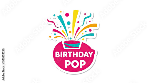 A vector illustration features a birthday popper with confetti explosion on a white background