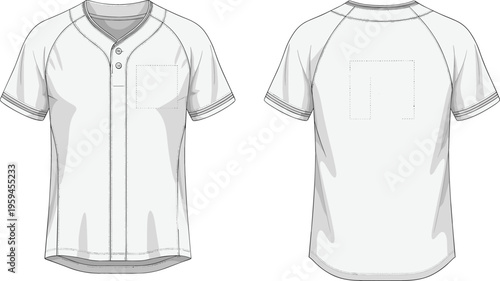 Baseball jersey outline template with front and back view, detailed vector illustration of sports uniform mockup with stitching and panel lines