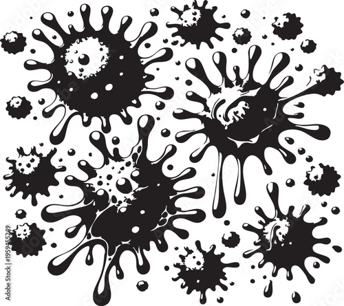Illustration of viral particles splashing on a black checkered background, representing a conceptual medical or scientific theme.