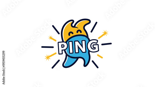 A cartoon logo of "PING" in a speech bubble with radiating lines and starbursts
