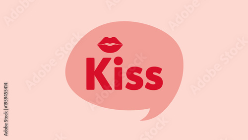 A speech bubble with "Kiss" text and lips icon, all in red on a pink background