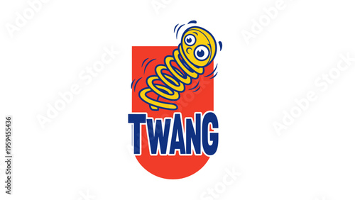 A yellow spring character with a face "springing" from a red shape, with "TWANG" in bold text