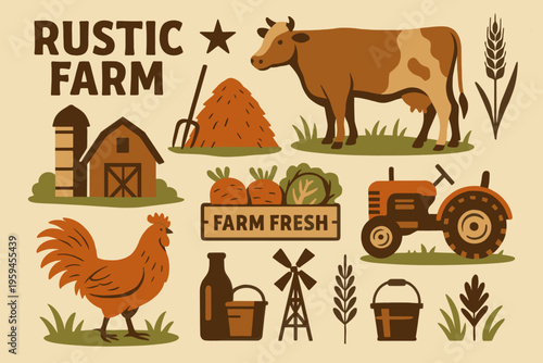 Rustic farm life and agriculture motifs set for versatile design projects needing elements of rural charm and simplicity. Suitable for rusticthemed designs.
