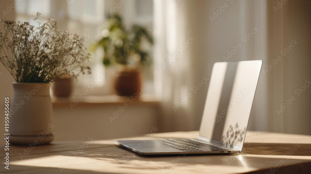 Fototapeta premium Laptop on a wooden table in a room with a window in the background. the laptop is open and the screen is turned on, with the keyboard facing towards the right side of the image.
