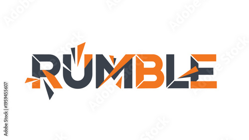 A stylized wordmark "RUMBLE" features fragmented letter forms in dark gray and orange