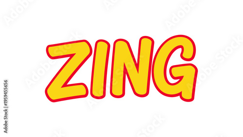 Bold, yellow "ZING" word in a playful, cartoon-like font, outlined with red. White background