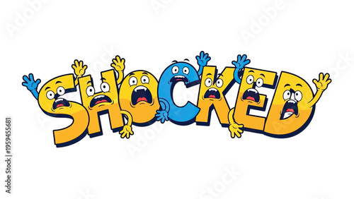 Cartoon word "SHOCKED" comprised of animated letters with shocked expressions