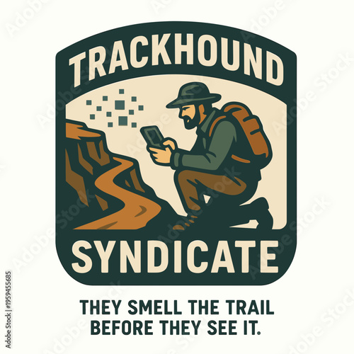 Hiker utilizes tech in trackhound syndicate. Ideal for outdoor, adventure, technology, and exploration concepts in marketing, design, and promotions.