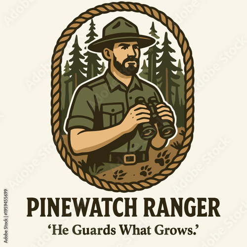 Pinewatch ranger uses binoculars in forest background. Suitable for outdoor, adventure, wildlife, and naturethemed designs or projects.