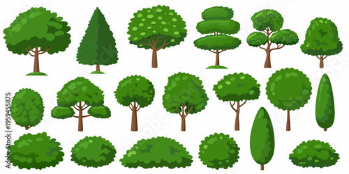 Collection of various green trees and shrubs in a cartoon style