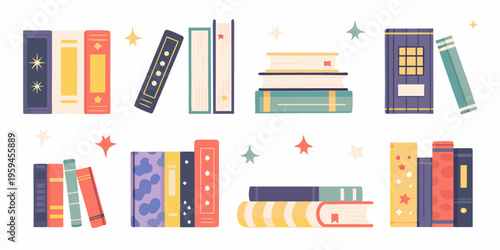 Colorful stack of books and individual volumes in a flat illustration