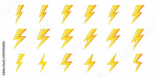 A collection of vibrant yellow lightning bolts arranged on a white background