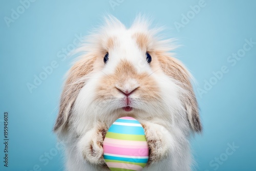 Captivating easter card: bunny with decorated egg in minimalistic style. Raw beauty. Vibrant bunny scene: easter eggs and joyful vibes in a pastel dream. Honest scene. True story.