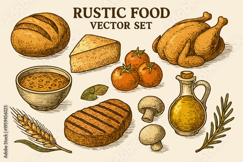 Set showcasing delicious rustic fare including bread, chicken, and other food, suitable for culinary businesses and food brands.