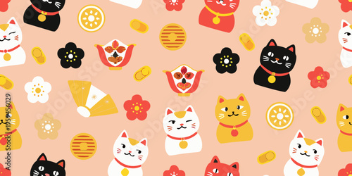 Playful maneki neko cats and traditional japanese new year motifs