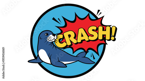A cartoon seal in a blue circle with a "CRASH!" bubble